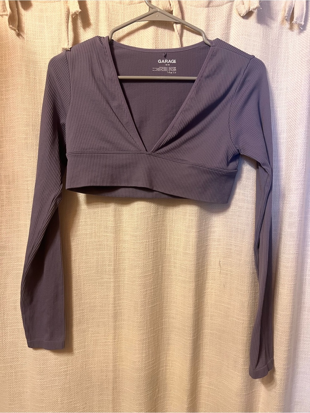 Garage Purple Ribbed Long-Sleeve V-Neck Crop Top